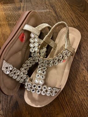 Annie Gold Jeweled T-Strap Sandals